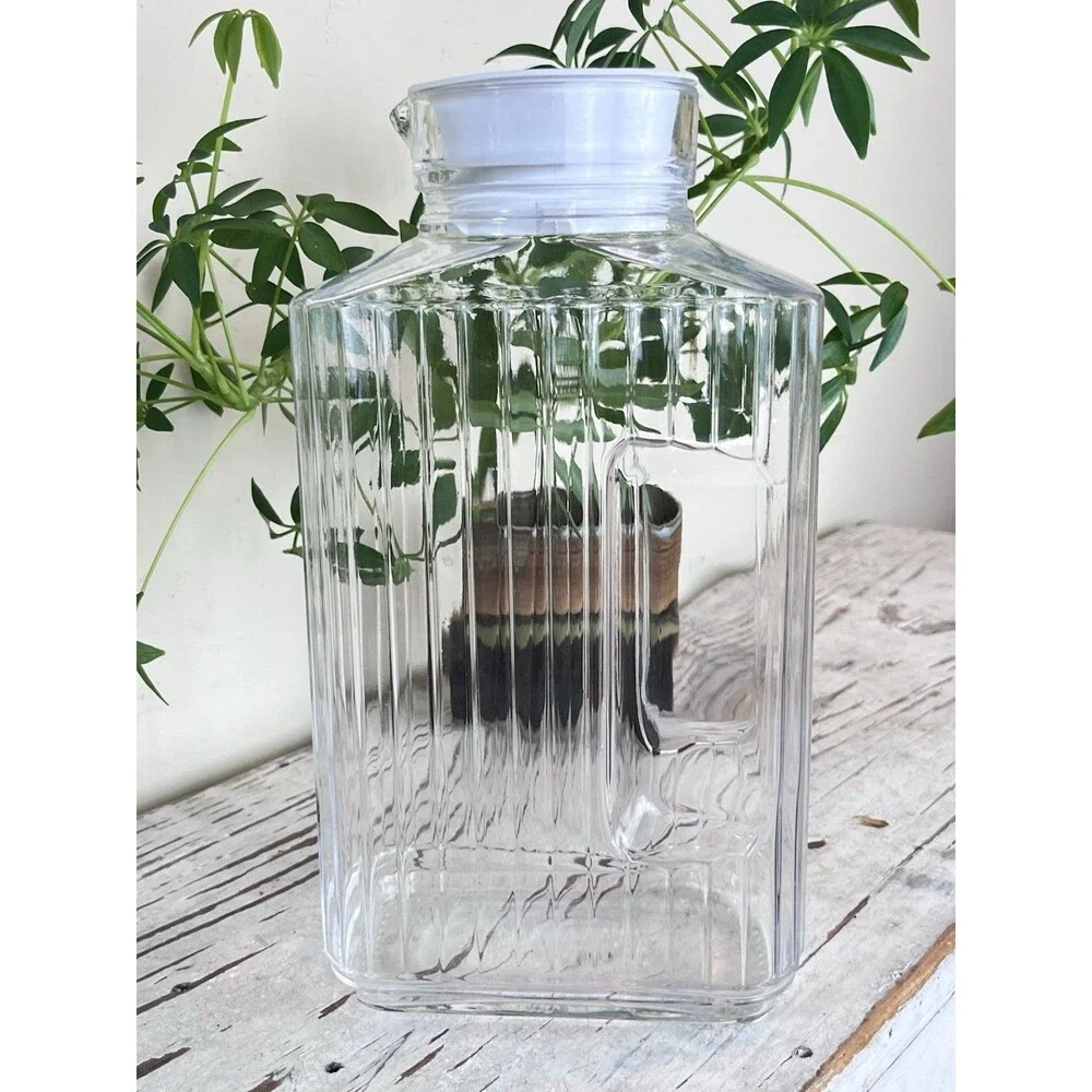 Vintage ARC France Glass Ribbed Juice Pitcher W/ Rubber Lid 10.5” Retro Kitchen
